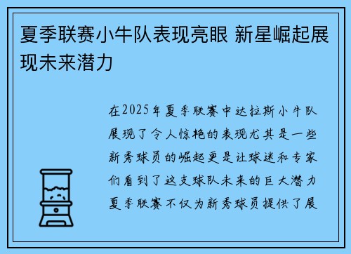 夏季联赛小牛队表现亮眼 新星崛起展现未来潜力
