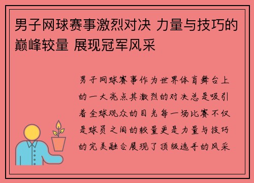 男子网球赛事激烈对决 力量与技巧的巅峰较量 展现冠军风采
