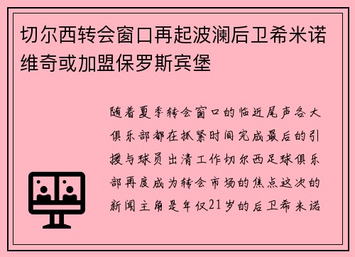 切尔西转会窗口再起波澜后卫希米诺维奇或加盟保罗斯宾堡