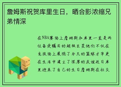 詹姆斯祝贺库里生日，晒合影浓缩兄弟情深